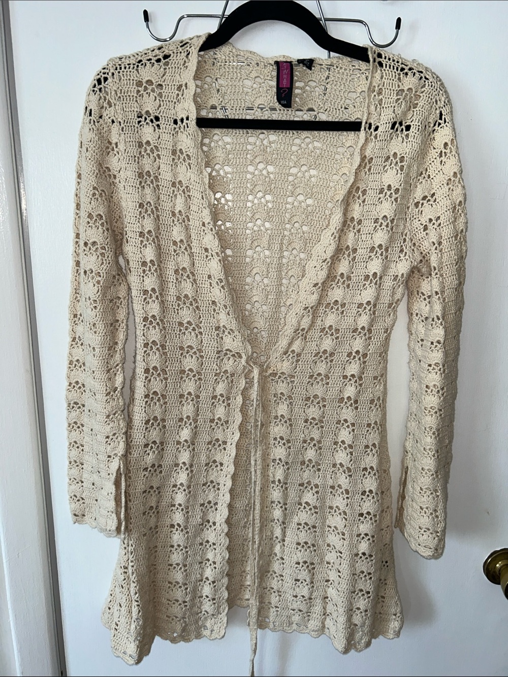 Say What? Y2K Cream Tie-Front Lightweight Crochet Open Cardigan Sweater